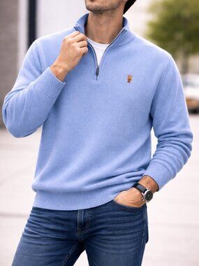 US Polo Assn Rib Knit 1/4 Zip Sweater Men 2XL Blue Embroidered Pony Preppy Golf